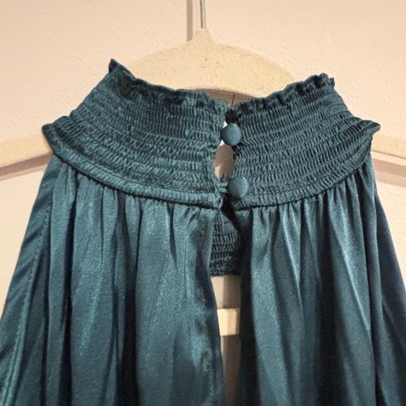 Emerald Green Pleated Halter Maxi Dress - Asymmetrical Hem - Size L - Picture 6 of 8